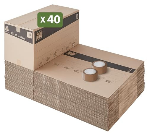 Pack and Move - Lot 40 cartons déménagement stockage XL -80 x 40 x 40 cm - Poignées renforcées - 2 adhésifs offerts