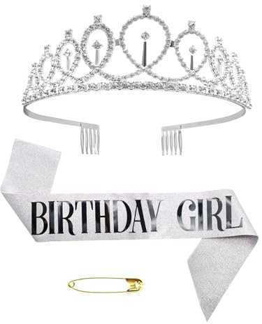 BLMHTWO Happy Birthday Krone, GeburtstagsKrone Birthday Girl Krone Haarreif Belt Glitter Birthday Tiara Crown Birthday Party Accessories (Silber)
