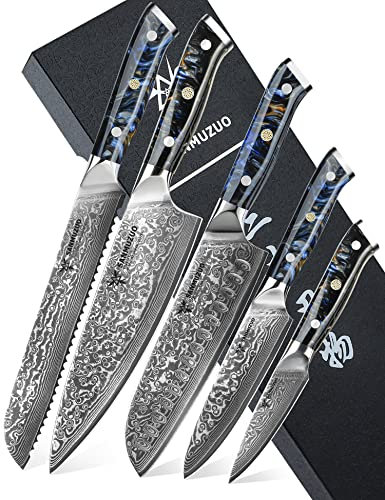 SANMUZUO Ensemble de couteaux de chef - Set de couteaux de cuisine de 5 pièces - Acier de Damas VG10 ultra-tranchant et manche en résine - Série Xuan(Noir étoilé)