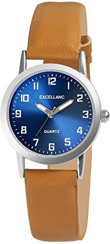 Excellanc Damen-Uhr Kunstleder Dornschließe Leuchtzeiger Analog Quarz 1900290 (braun blau)