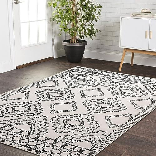 Leesentec Tappeto Moderno in Stile Astratto Pelo Corto per Camera da Letto e Salotto - Ampio, Antiscivolo, Morbido - Beige (Avorio/Nero, 120 * 160cm)