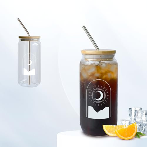 JAOBHAHY 500 ml Glasbecher mit Deckel und Strohhalm,Cocktailgläser Eiskaffee Gläser,Trinkgläser mit Bambusdeckel und Strohhalm,Ideal für Wasser, Cocktails, Whisky, Soda, Geschenke,Bier,Cocktails