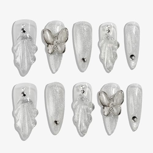 Sun&Beam Nails Handgefertigte Kunstnägel Lang Stiletto Mandel Nägel zum Aufkleben in Weiß Silber Schmetterling Strass Glitzer Design mit Klebepads 10 Stück (#020 M)