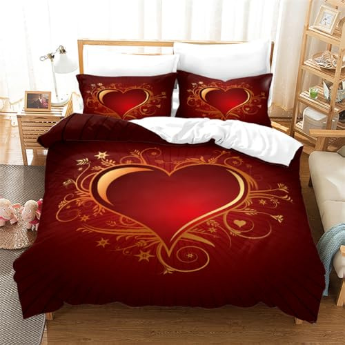 Tomifine Partner Bettwäsche Set 2/3 Teilig Rot Rosen Blumen Herzen Muster Weiß Paare Bettbezug Romantisch Microfaser Partnerbettwäsche Set (135x200cm/50x75cmx1,Herz d)