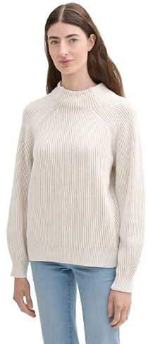 TOM TAILOR Damen RIPP Strickpullover mit Wollanteil, 36332 - Dusty Beige Rib Structure, XXXL