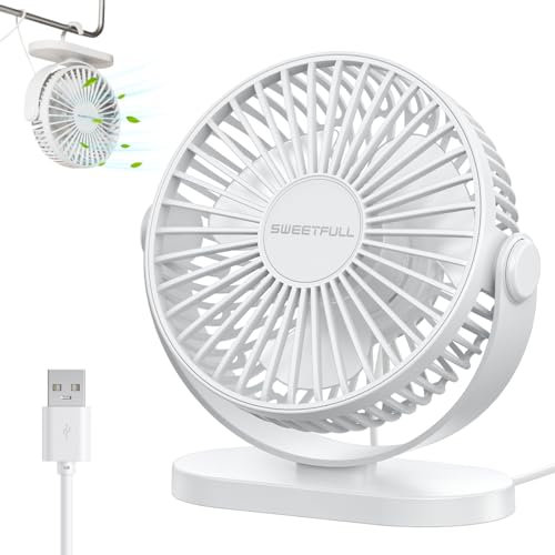 LULUWA Ventilateur De Bureau USB Petit, Silencieux 3 Vitesses 5 Mini Ventilateur Portable Personnel Rotation À 360° Réglable Gadgets De Refroidissement De Table De Bureau (Blanc)