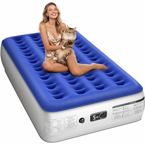 Xsleep Twin Air Mattress with Built in Pump Luxurious Comfort Raised Inflatable Mattress Twin Airbed Blow Up Mattress for Home and Guests 75*39*13 Air Bed 2 Minutes Fast Inflate/Deflate 330 lbs Max