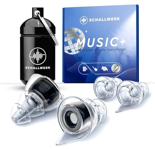 SCHALLWERK ® Music+ | Unauffällige Gehörschutz Ohrstöpsel – dämpfen Lärm & erhalten Tonqualität – Ohrenstöpsel transparent - Earplugs geeignet für Musik, Festival, Arbeit & Lernen