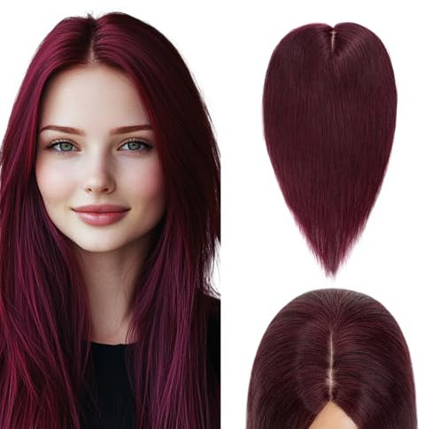 Elailite Hair Topper Echthaar #99J Burgunderrot 25cm Clip in Toupet Damen Extensions Haarteil Haartopper Basis 10x12cm