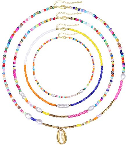 Krfy Damenmode Halskette Set - Boho Choker Kette Einmalig Bunte Perlenkette - 18 K Kette Gold Damen