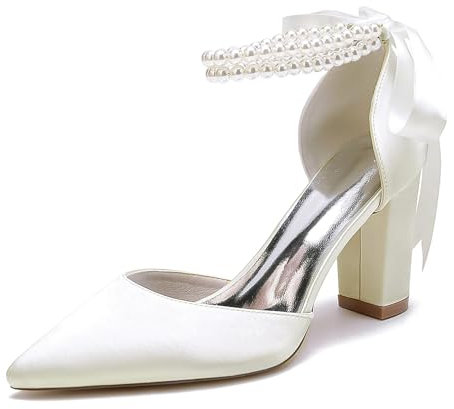 Bridal Shoes Block Heel Wedding Shoes Satin Evening Party Pumps Sandals Bride Pointed Toe Pearl Wedding Heels 8.5Cm,Ivory,8.5 UK