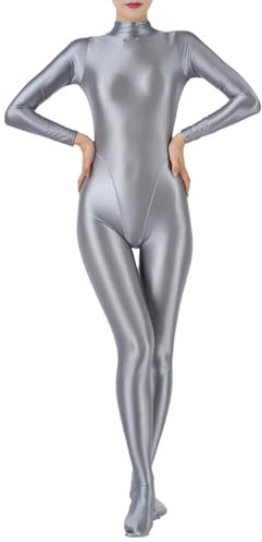 Freebily Damen Glänzend Jumpsuit Ganzkörperanzug Sport Bodysuit Yoga Overall Eng Einteiler Ganzkörper Kostüm Gymnastik Tanz Ballett Leotard Grau XXL