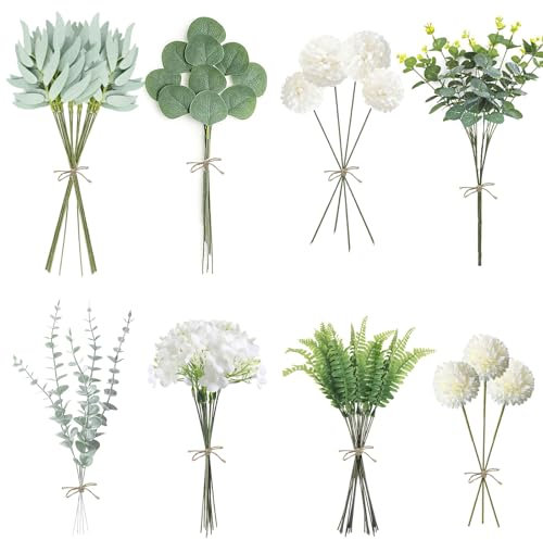 57 Stücke Künstliche Blumen und Zweige Deko, künstliche eukalyptus zweige weiß Dekozweige, Eukalyptus Hortensien, DIY Blumen & Zweige Dekorationen für Hochzeit Party Häusliche Deko