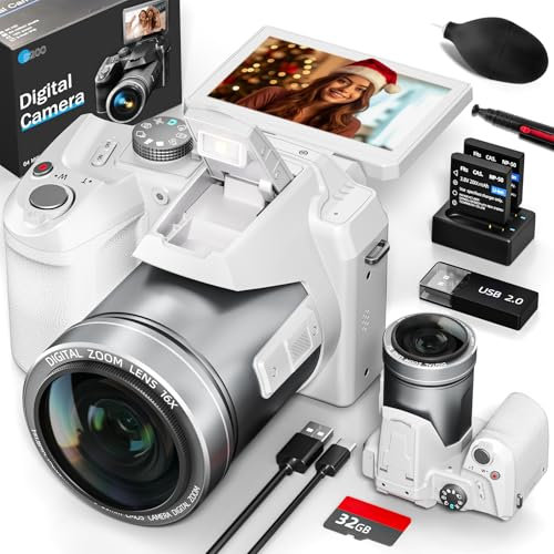 NBD 64MP Digital Camera for Photography Autofocus, 5K vlogging Camera for YouTube,16X Anti-Shake Compact Travel Camera with WiFi & App Control, Flash,SD Card, 2 Batteries (White)
