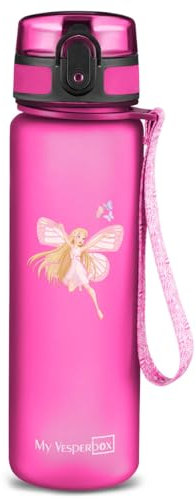 My Vesperbox Trinkflasche Minny, 500 ml, auslaufsicher, kohlensäuregeeignet, robust, inkl. Reinigungsbürste, Fruchtsieb, Strohhalm, Trageschlaufe, spülmaschinenfest, BPA-frei (Lila Fee ohne Namen)
