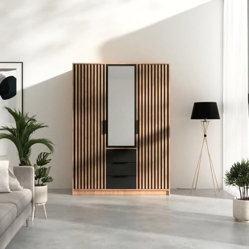 Easy4You Lux D3 Eiche Wotan/Schwarz Kleiderschrank 149x200x57,5 cm mit Spiegel - Schlafzimmermöbel, Aufbewahrung – Mehrzweckschrank Geriffelte Fronten und 3 Schubladen