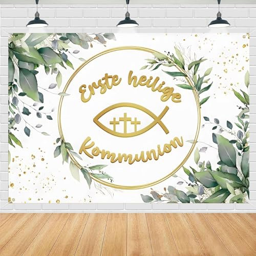 170x120cm Kommunion Deko - Erste Heilige Banner für Taufe, Erstkommunion in Grün - Junge Mädchen Konfirmation God Bless Hintergrund