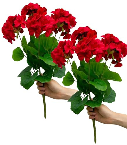 TONGMAN 2PCS 13.7'' Artificial Geraniums Silk Flowers Plants Home Outdoor Decor Garden Wedding Kitchen Garden Table Centerpieces Indoor Outdoor Decor (Red Geranium Flower)