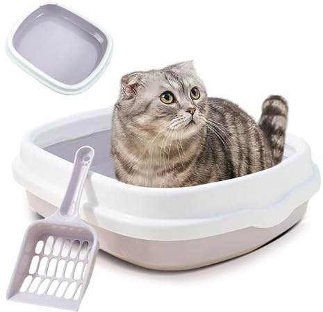 PETCUTE Katzenklo offen hoher Rand, Großes Katzenklo mit hohem Rand und Anti-Streu-Design – Offene Katzentoilette inklusive Abnehmbarer Rahmen + Schaufel (Hell Lila,L)