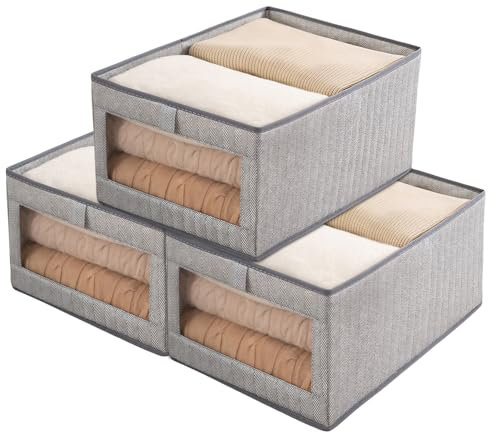 Ruucy Aufbewahrungskorb Stoff 3er Set, Faltbare Stoffboxen mit Transparent Fenster, Groß Aufbewahrungsbox aus Stoff für Regale, Schränke, Spielzeug, Bücher, Kleidung, 44 x 30 x 20cm, Hellgrau