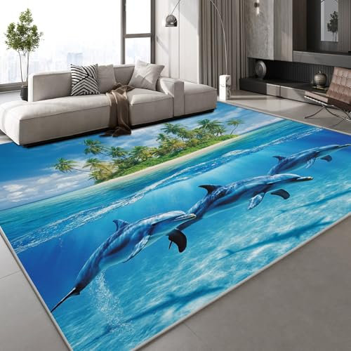 Generisch Flanell Teppich Wohnzimmer Delphin Tier Muster Flauschig Weich rutschfest Insel Strand Teppiche Fußmatte Living Room Deko Schlafzimmer Flur Läufer Indoor Carpet Spielteppich 120x160 cm