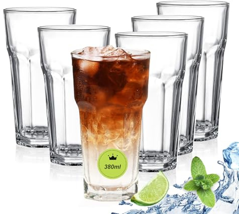 AXIM Lot de 6 verres à bière en plastique transparent incassable pour boissons froides, verres à cocktail hauts à base lourde pour un usage quotidien (380 ml, 6 pièces)
