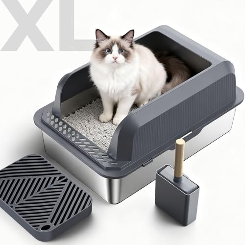 COOLYNX Katzentoilette Edelstahl, Litter Box Katzenklo, Edelstahl Katzenklo XL Offen 60x40x30 cm mit Pedal & Schaufel, Halbgeschlossen Katzenklo Einfache Reinigen für Große Katzen （Dunkelgrau）