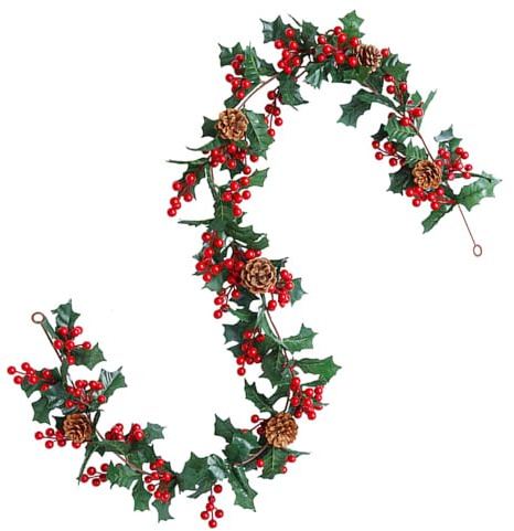 Junhui 175cm Weihnachtsgirlande, Faux Reben mit Rot Beeren, Weihnachtskranz Künstliche Pflanzen, Rot Beeren Girlande für Kamine Tische Treppen Indoor Weihnachten Dekor