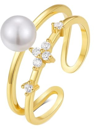 Skcess 14K Gelbgold Partner Ringe Weiß Perle, Verstellbarer Offener PerlenRing Women Größe 62 (19.7)
