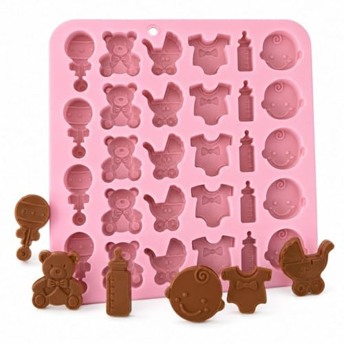 Baby Shower Silikon-Schokoladenform, 1 Stück | Rassel, Kinderwagen, Teddybär, Flasche, lächelndes Gesicht und Einteiler für Schokolade, Bonbons und Partygebäck