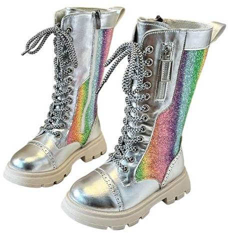 Stivali per Ragazze e Bambine, Paillettes Stivale in Pelle Stivaletti Lunghi da Principessa Eleganti Scarpe da Equitazione Color Blocking Boots Cerniera Laterale Stivali con Lacci Invernali Stivaletti