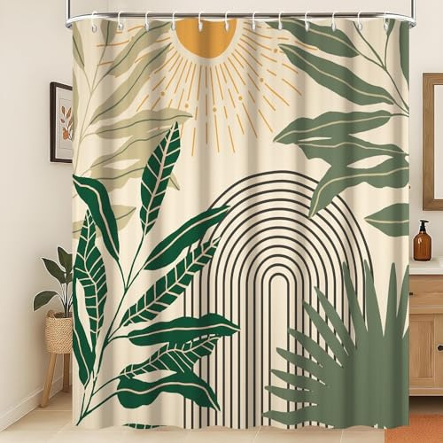 Xiaoterna Mid Century Boho Beige Duschvorhang Abstrakte neutrale Farbe Grüne Blätter Bogenlinien Sonne wasserdichte Badezimmervorhänge Minimalistische Ästhetik Geometrisch Wohnaccessoires 180x220cm