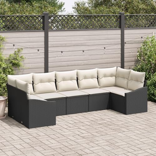 WEMYUFURN Modernes Outdoor Ecksofa Set aus Poly-Rattan mit abnehmbaren Kissen – Wetterfeste Gartenmöbel für Terrasse und Balkon, Graue Polster, 7-Sitzer Lounge-Garnitur, Langlebige