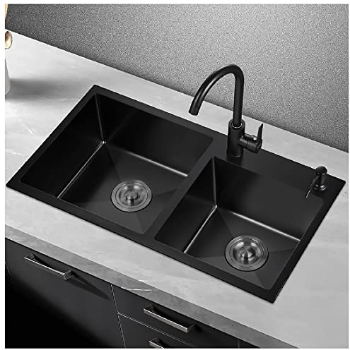 Stainless Steel Black Grey Double Bowl Kitchen Sink with Drainer & Installation Kit80x45x20cmIdeal for Kitchen & Dining Room Upgrade