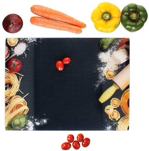 MamboCat Schneidebrett aus gehärtetem Glas mit Pasta-Dekor I 40x30 cm I kratzfest & hygienisch I Glas-Schneideplatte für Gemüse, Fleisch & Teigarbeiten mit Anti-Rutsch Füßchen