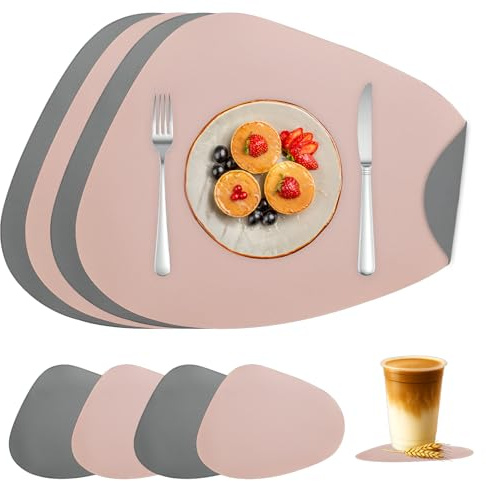 QGGTQG Tischsets Abwaschbar 4er Set Doppelseitigen Ovales Tischsets | Hitzebeständig Platzset Lederoptik Rutschfest mit Untersetzer für Küche, Esstisch, Restaurant (Grau Pink)
