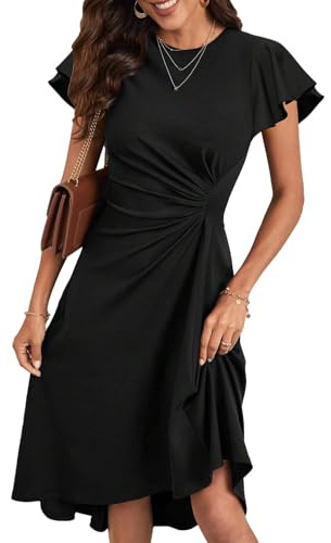 KUNJLELP Cocktailkleid Damen Festliche Kleider Elegant Kurzarm Wickelkleid Partykleid Midikleid Bodycon Figurbetontes Sommerkleider,XL,Schwarz