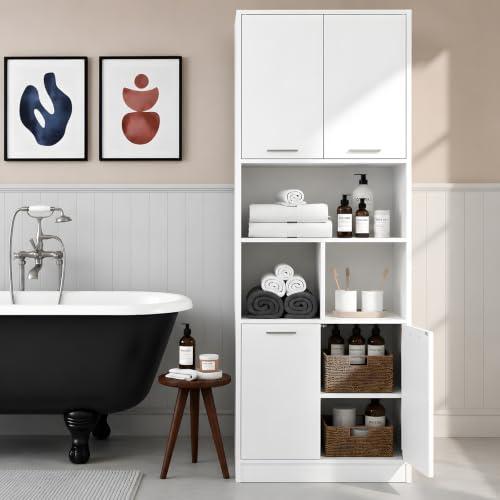ZECIIYE Mobile Bagno Alto Bianco 60x40x180,5 cm, Colonna Bagno da Terra Salvaspazio con 4 Ante, Vano Aperto e Ripiani Regolabili per Camera da Letto, Cucina, Ufficio e Lavanderia
