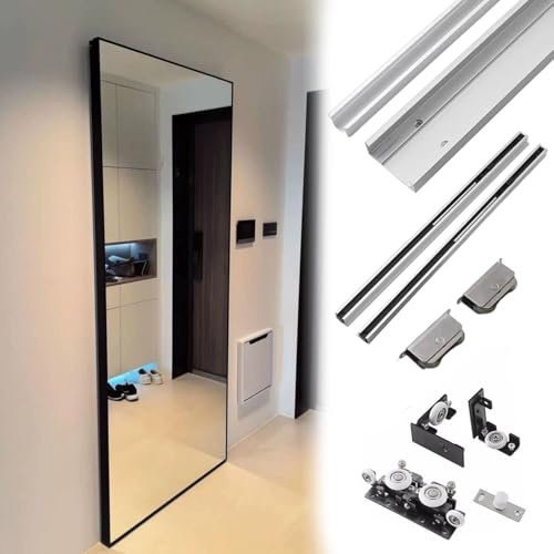 Kit Puerta Corredera Sistema de Riel para Puerta Corredera con Espejo, Puerta Corredera Invisible con Cierre Suave, Kit de Herrajes Ocultos Sin Riel para Puertas Tipo Granero(56in/143cm)