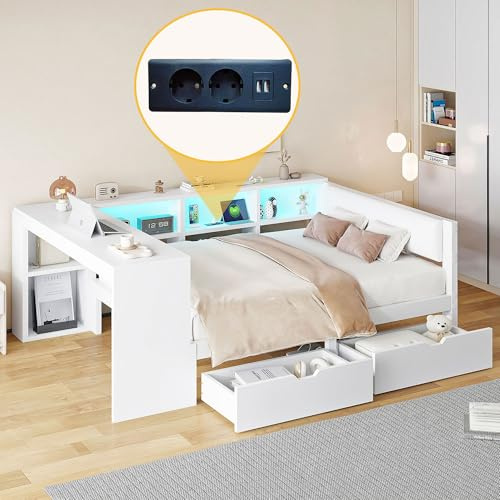 BTM Jugendbett 140x200 mit Schreibtisch und LED-Gürtel, Tagesbett mit Schubladen Kinder Stauraumbett Daybed Weiß