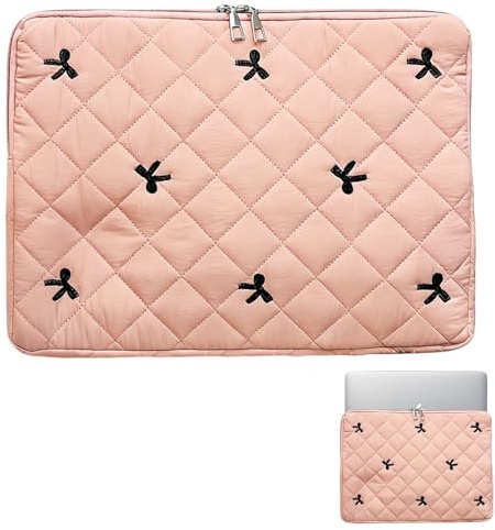 LEBKFT Quilted Laptop Sleeve with Embroidered Bow, Cute Laptop Case Soft Protective Shock-Absorbing Cover for 13 inch 14 inch 15 inch 15.6 inch Portable Bag Durable Chromebook Case (Pink)