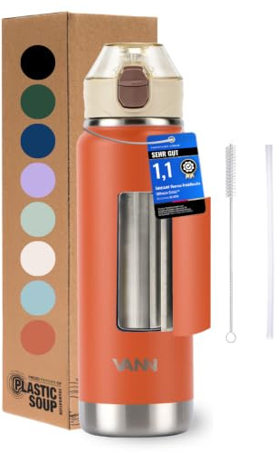VANN Trinkflasche 750ML mit Strohhalm - 3-fach isoliert [24h kalt 12h warm] | Thermosflasche für Fitnessstudio, Sport - Trinkflasche Edelstahl BPA-Frei - Wasserflasche inkl.2 Zubehörteile - AB Wüstenlehm