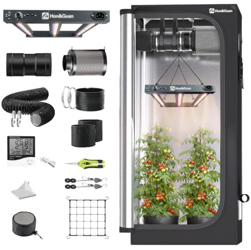 Hon&Guan 160W Growzelt Komplettset 70x70x160cm mit Dualmodus LED Grow Lampe (UV+FR), 100mm Leiser Rohrventilator Aktivkohlefilter Belüftungssystem Grow Tent Complete Set für Indoor Pflanzen