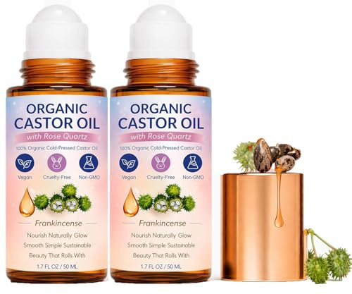 Soldaire - Olio di ricino roll-on con rullo al quarzo rosa, pressato a freddo, senza esano, 100% puro olio di ricino, sfera a rullo per olio di ricino biologico, bottiglia in vetro ambrato per la cura