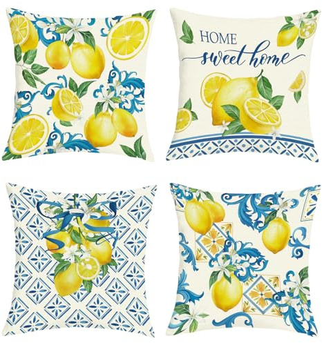 Joymaison Kissenbezüge 40x40 4er Set Sommer Blau Mediterran Zitrone Blume | Deko Kissenhülle Frühling Gelb Zitronen Blumen Italien Geometrisch Outdoor Dekorative Kissenbezug Kissen für Couch Sofa