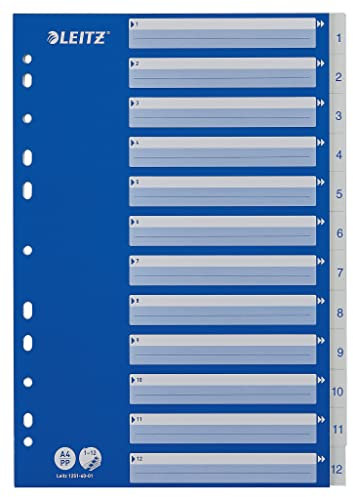 Leitz Register für A4, Deckblatt aus Karton und 12 Trennblätter aus Kunststoff, Taben mit Zahlenaufdruck 1-12, Blau/Weiß, 12516001