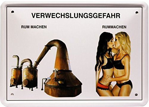 WOGEKA ART Retro Blechschild - Verwechselungsgefahr - Rum machen - witziger Spruch als Geschenk-Idee zum Geburtstag Weihnachten zur Dekoration 15x21 cm Vintage-Design Metall MJ 207