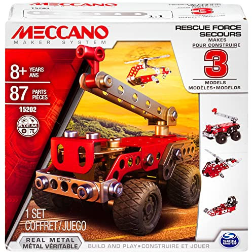 MECCANO -3 MODELOS DE COCHES DE EMERGENCIA - Rescue Squad 3 Modelos de Vehículos de Emergencia para Construir - Juego de Construcción con 2 Herramientas y 87 Piezas - 6026714 - Juguetes Niños 8 años +