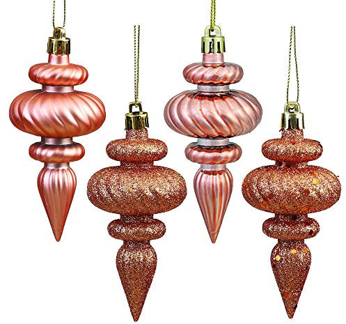 Vickerman 4 4-Finish Finial Ornament, Shatterproof Plastic Christmas Tree Decoration, 8 Pack, Rose Gold Shiny, Matte, Glitter and Sequin Finishes