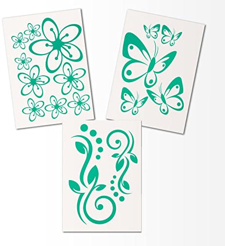 Hibiskus Schmetterling Blüten Ornament SET I - türkis - 30x21cm - Wall Sticker Wandtattoo Wandaufkleber - Dekoration, Küche, Wohnzimmer, Schlafzimmer, Badezimmer